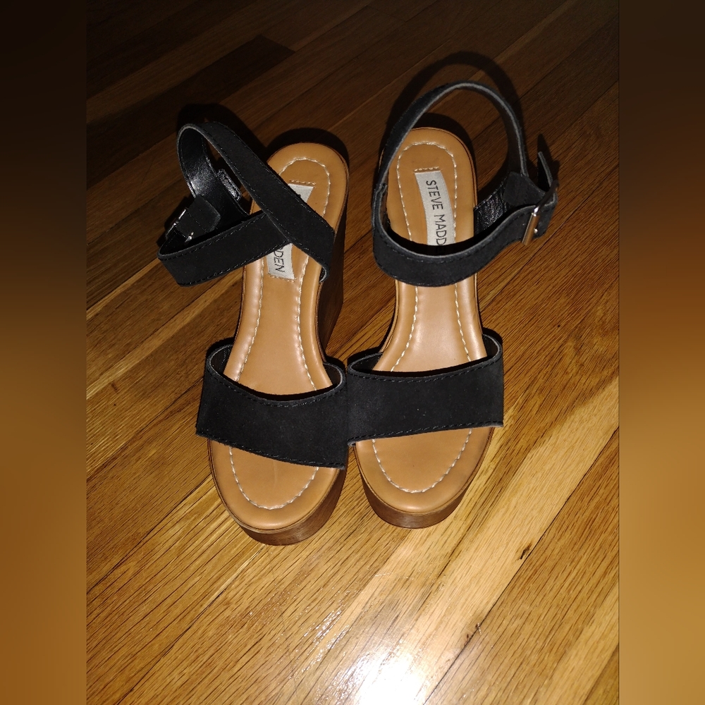 Steve Madden - Black Suede Wedge Sandals. US size 6